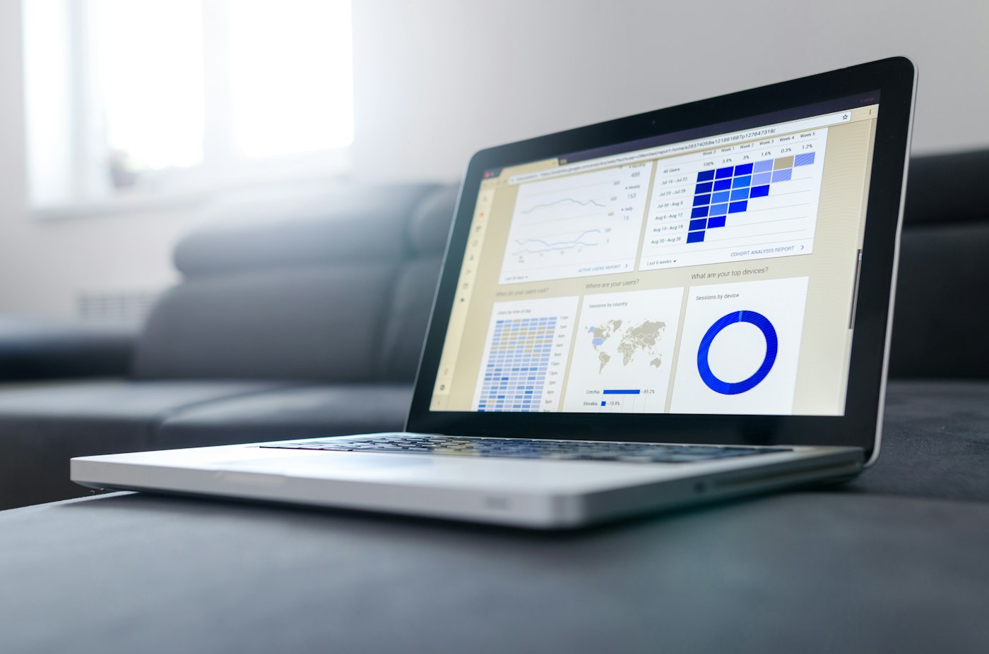 Pantalla de portátil con un panel de datos: gráfico circular de porcentajes y un mapa del mundo
